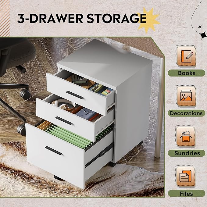DEVAISE 3 Drawer File Cabinet for Home Office, Wood Under Desk Filing Cabinet, Rolling Printer Stand with Wheels, White
