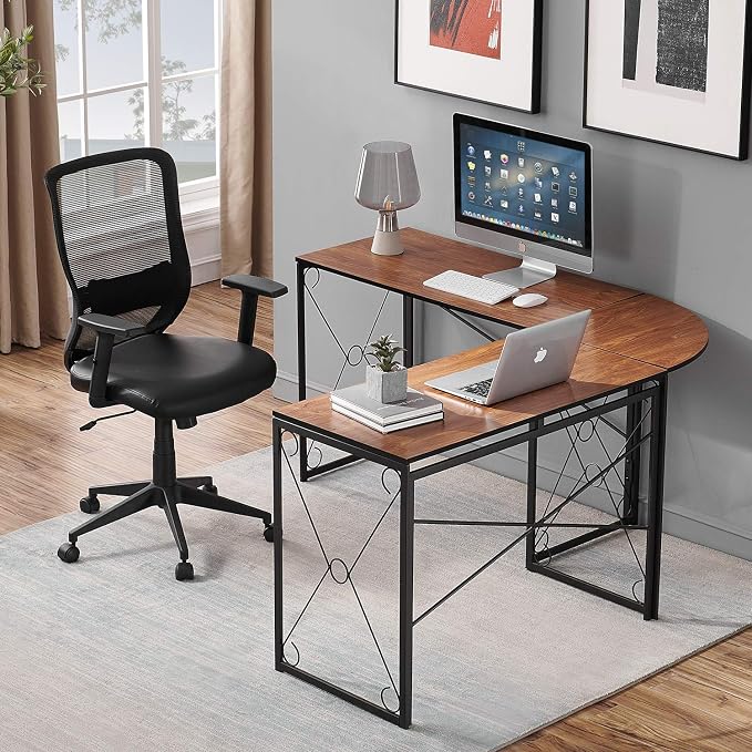 VECELO 59" L Shaped Computer Desk, Corner Computer Desk, Sturdy Home Office Computer Table for Small Space, Writing Desk, Larger Gaming Desk Workstation, Brown