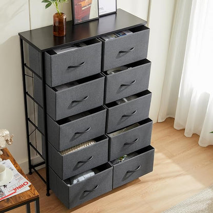 DUMOS Dresser for Bedroom, 10 Storage Drawers, Wide Fabric Closet Chests Organizer Tower Furniture with Wooden Top Metal Frame for Clothes, Guest Room, Living Room, Hallway, Entryway