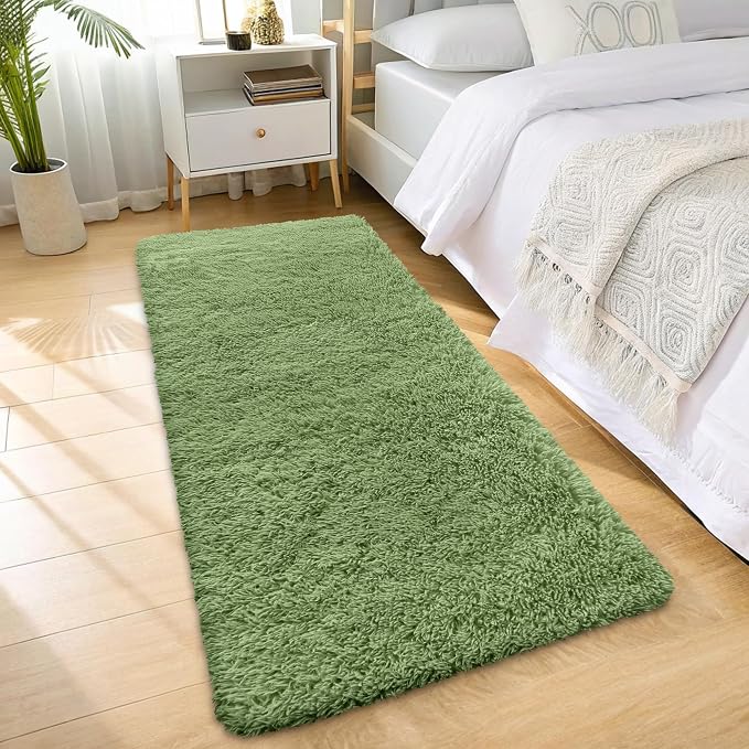 OLANLY 2x5 Machine Washable Runner Rugs for Hallway, Soft Fluffy Shaggy Bedside Rugs for Bedroom, Living Room, Indoor Floor Carpet for Kids Girls and Boys, Home Decor Aesthetic, Green