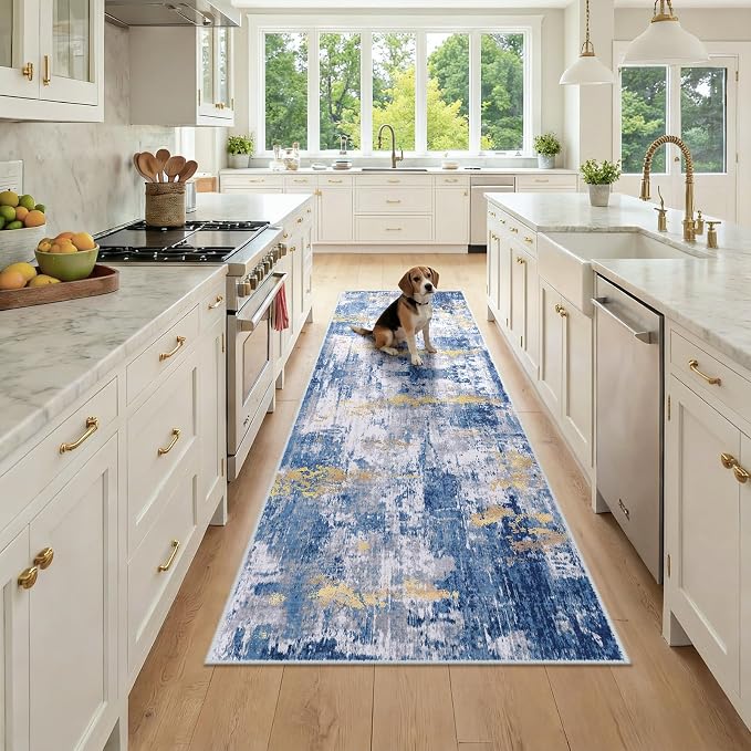 RELEANY Washable Area Rugs 2'6"x8 Non-Slip Modern Abstract Soft for Living Room Entryway Bedroom Kitchen, Print Pattern, Grey Blue Gold/Golden