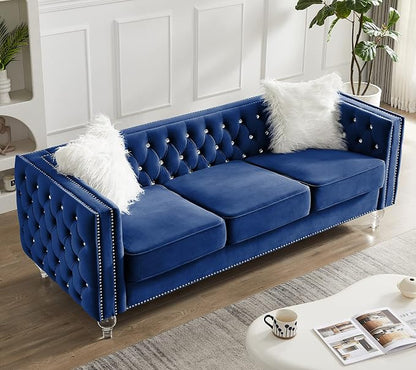 mikibama Velvet Loveseat with Buttons and Square Arms 59 Inch Tufted Sofa with Trimmed Nailhead and Metal Legs Loveseat Couch for Living Room, Bedroom (Navy Blue-Crystal Legs, Loveseat + Sofa)