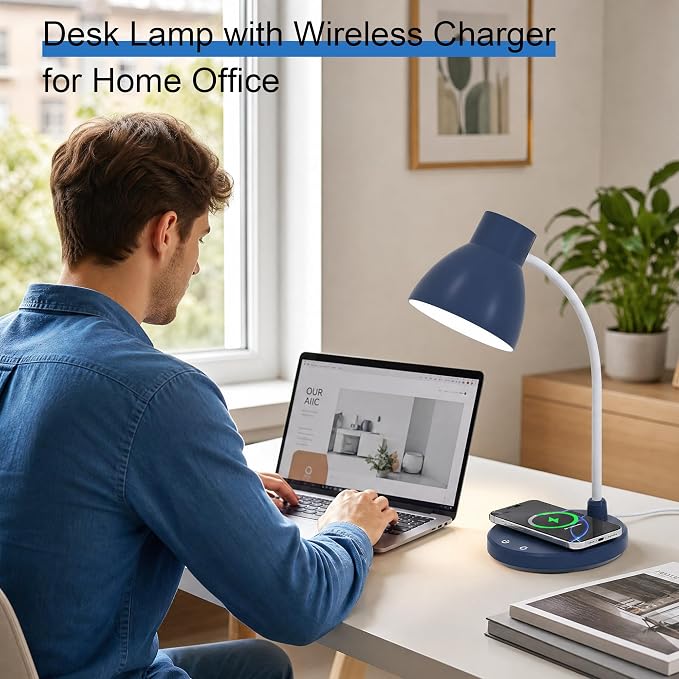 Desk Lamp for Home Office - LED Desk Lamp with Wireless Charger, 3 Color Modes Dimmable Eye-Caring Study Reading Desk Light, Small Flexible Arm Table Lamp for College Dorm Room, Navy Blue
