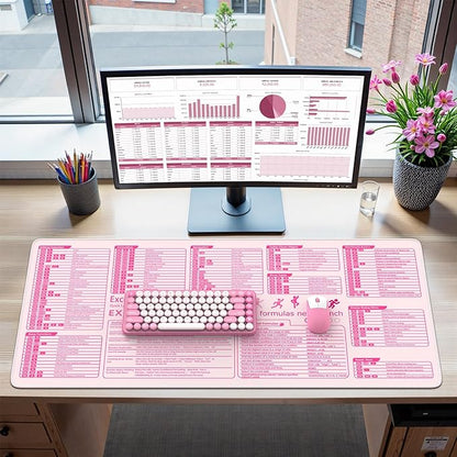 iCasso Pink Excel Cheat Sheet Desk Mat with Excel for Dummies,Excel Shortcuts Mousepad, Extended Large XXL Non-Slip Exel Mousepad with Stitched Edges,Computer Mats for Desktop Protector
