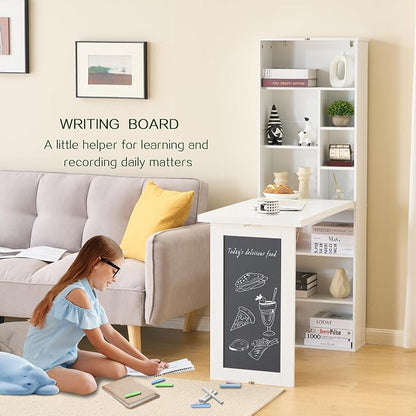 Folding Desk with Storage,Foldable Convertible Writing table with Blackboard and Shelves,Wall Mount Fold Out Table Cabinet , Space-Saving Murphy Desk Multi-Function Home Office Workstation (White)