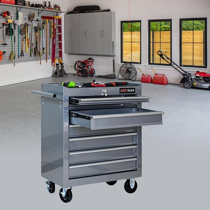 RYH 7 Drawers Rolling Tool Chest & Tool Box on Wheels | Heavy Duty Metal Cart with Ball Bearing Drawers | Fits US General Tool Box for Garage Storage (Silver, 7 Drawers（29.9" H × 24.2" W × 12.9" D)