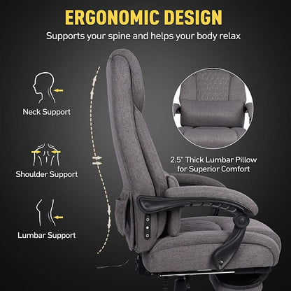 3D Kneading Massage Office Chair with Heat, 500 lbs Big and Tall Executive Computer Desk Recliner, Leather Electric Heated Office Chairs with Massage & Footrest, Gery