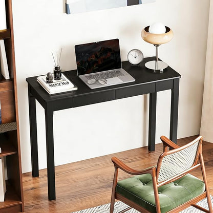Solid Wooden Desk with Drawers - 39 x 16 Inch Modern Narrow Desks, Rubberwood Simple Study Table, Small Writing Desk for Bedroom|Small Spaces - Black Desks