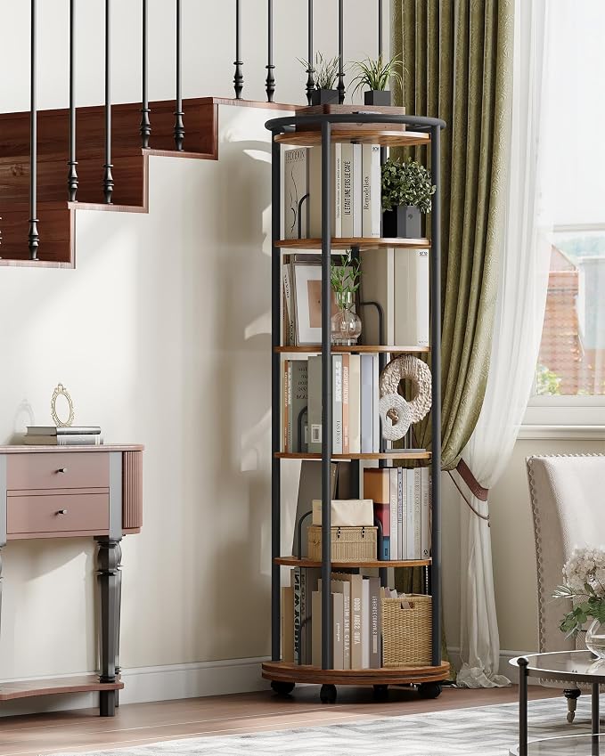 Hzuaneri Rotating Bookshelf, 360° Spinning Bookshelf Tower, Display Revolving Bookcase, Round Book Shelf, Narrow Swivel Bookshelves for Small Space, Bedroom, Living Room, 6-Tier Rustic Brown, BC52101B