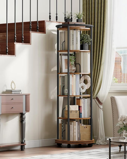 Hzuaneri Rotating Bookshelf, 360° Spinning Bookshelf Tower, Display Revolving Bookcase, Round Book Shelf, Narrow Swivel Bookshelves for Small Space, Bedroom, Living Room, 6-Tier Rustic Brown, BC52101B