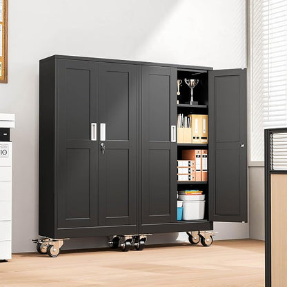Metal Garage Storage Cabinets and storage system, 61”Tall Rolling utility cabinet with Wheels, Lock, 3 Adjustable Shelves, Heavy Duty Steel Tool Locker for Home Office, Utility Room, Gym,Black