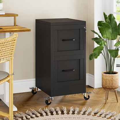 Small Metal 2-Drawer File Cabinet, Under Desk Office Cabinet, Black | Rolling, Locking, Adjustable Hanging Rail, Fit A4, FC, Letter, Hanging File Folders for Home Office Storage Organization, 1PS