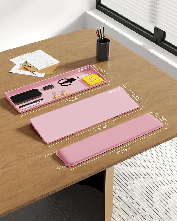 Laborio Computer Keyboard Stand with Storage Box, Keyboard Riser Wrist Rest for Desktop, Office Desk Organizer Accessories(Pink)