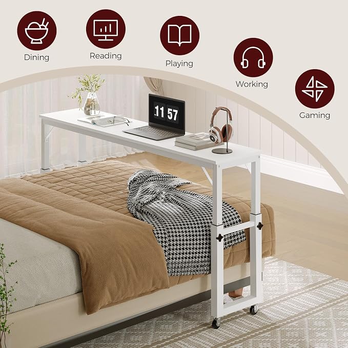 MAHANCRIS Overbed Table with Wheels, Mobile Bed Desk for Queen Size, 36"-43.5" Adjustable Height Rolling Table, Recliner Desk, Mobile Cross Bed for Bedroom, Living Room, Office, White MTWT18001