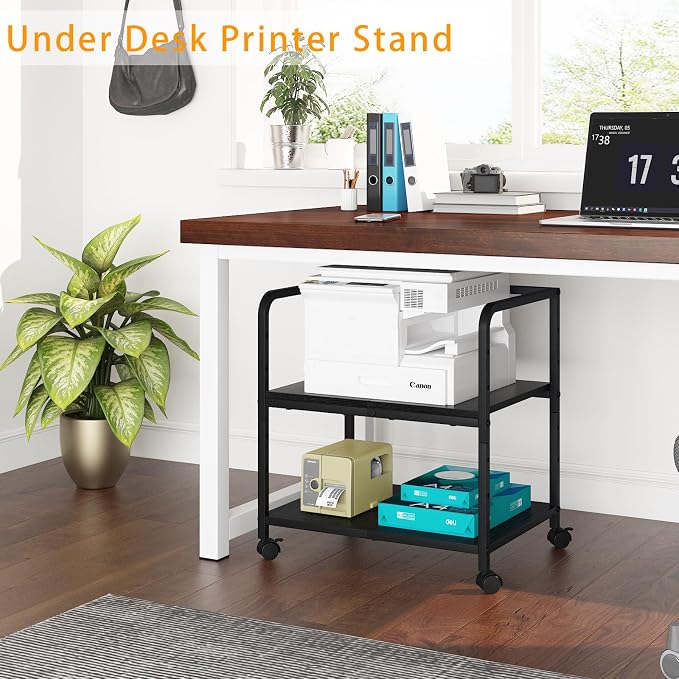 21"x15.8" Large Printer Stand with Storage, 2-Tier Under Desk Printer Table, Rolling Printer Cart with Lockable Wheels for Home, Office (Black)