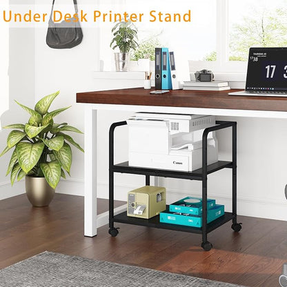 21"x15.8" Large Printer Stand with Storage, 2-Tier Under Desk Printer Table, Rolling Printer Cart with Lockable Wheels for Home, Office (Black)