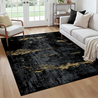 RELEANY Washable Area Rugs Square 6ft Non-Slip Modern Abstract Soft for Living Room Entryway Bedroom Kitchen, Print Pattern, Dark Black Gold