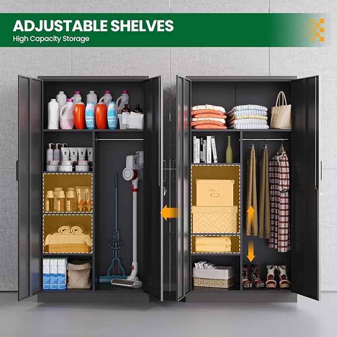 72" H Metal Garage Storage Cabinets, Lockable Broom Closet Cabinet with Hanging Rod & Doors, 5-Tier Steel Utility Cabinets for Garage, Laundry Room, Warehouse Storage, Black