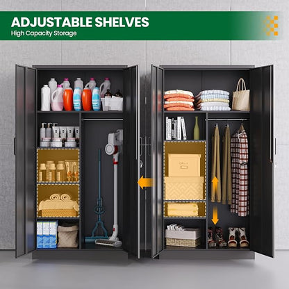 72" H Metal Garage Storage Cabinets, Lockable Broom Closet Cabinet with Hanging Rod & Doors, 5-Tier Steel Utility Cabinets for Garage, Laundry Room, Warehouse Storage, Black