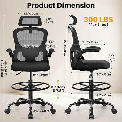 Drafting Chair, Tall Office Chair for Standing Desk, Ergonomic High Back with Headrest, Lumbar Support, Foot Ring and Flip-up Armrests, Black