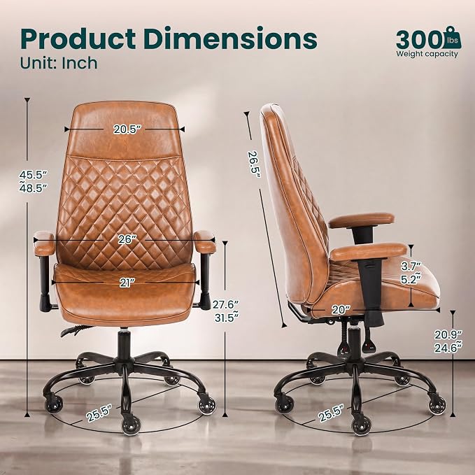 NEO CHAIR Ergonomic Leather Office Desk Chair with Adjustable Height Armrests High Back Lumbar Support Swivel Executive Computer Chair with Wheels Comfy Home Office Chair for Adults (Brown)