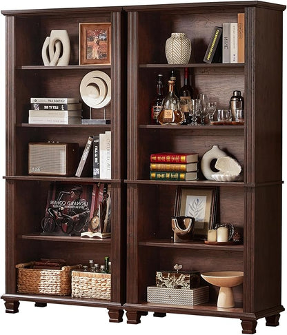 SAVOR LIFE 70" Tall Walnut Bookshelf,5 Tier Wooden Book Shelf with Adjustable Shelves & Wood Legs,Free Standing Farmhouse Bookcase with Open Display Storage,Vintage Bookshelves for Classroom, 2PCS