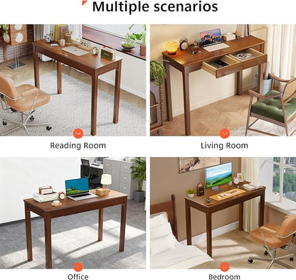 Solid Wood Desk with Drawers - 39" Narrow Desks, Small Wooden Writing Desk for Bedroom, Mid Century Modern Vintage Computer Desks, Study Table for Home Office, Walnut