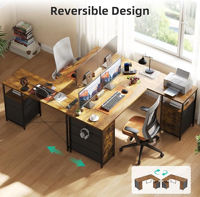 YOUDENOVA 55 Inch L Shaped Desk with Power Outlets & Type-C Port, Reversible Corner Computer Desk with 6 Drawers & File Cabinet, Large Workstation for Home Office, Gaming, Study, Rustic Brown