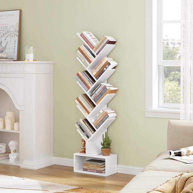 Hoctieon 9 Tier Tree Bookshelf, Tall Bookcase with Drawer, Wood Book Shelf, Modern Floor Standing Bookshelves, Book Organizer Shelves for Bedroom, Living Room, Home Office, White