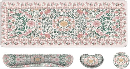 Desk Pad and Keyboard Wrist Rest, Large Mouse Pad + Keyboard Pad+Mouse Wrist Support, Non-Slip Desk Mat Protector for Office, Home 31.5×11.8 Inches Pink Floral