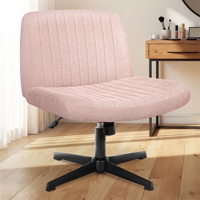 NEO Chair Criss Cross Chair No Wheel Vanity Desk Chair Wide Armless Cross Legged Office Comfy Makeup Adjustable Computer Task for Home Office Fabric (Pink)