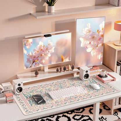 iCasso Pink Floral Desk Mat, Desk Pad, XXL Large Mouse Pad, Anti-Slip Big Mousepad with Stitched Edges, Computer Mouse Pads for Desktop Decor, Cute Office Desk Accessories for Women(Pink)