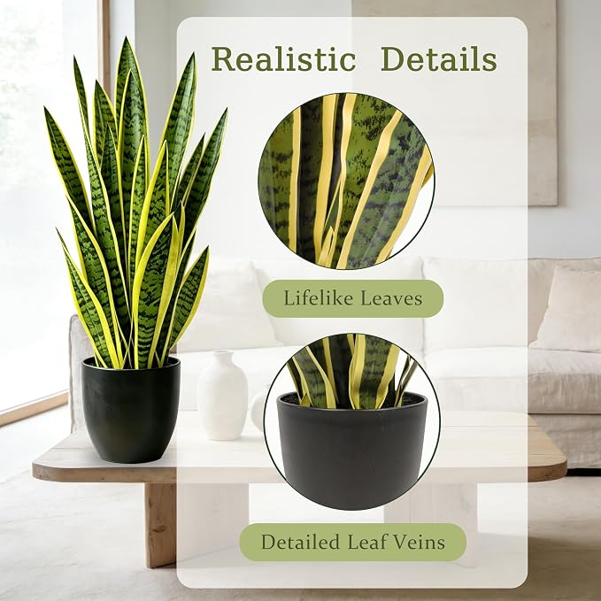 Fake Snake Plant 35'',3ft Artificial Gold Snake Plants Indoor with Black Planter, Realistic Faux Sansevieria Potted for Home Decor, Low Maintenance Greenery for Desk Office Corner Bedroom