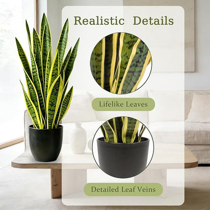 Fake Snake Plant 35'',3ft Artificial Gold Snake Plants Indoor with Black Planter, Realistic Faux Sansevieria Potted for Home Decor, Low Maintenance Greenery for Desk Office Corner Bedroom