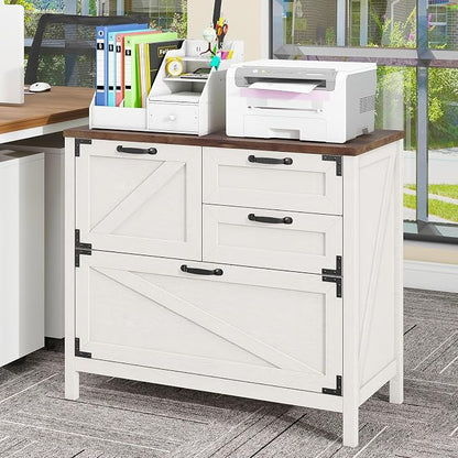 Halitaa Lateral File Cabinet with 4 Drawers Farmhouse File Cabinet for Letter/Legal/A4 Size Hanging Files, Large Wood File Storage Cabinets Printer Stand for Home Office Cabinet, Rustic White