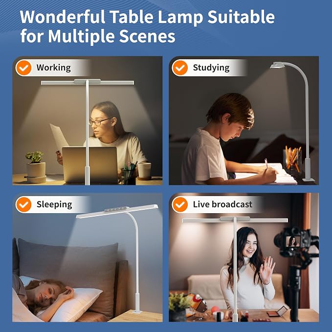 Desk Lamp, 3 Colors Stepless Dimming LED Desk Lamps for Home Office Adjustable Memory Desk Light with Clamp Touch Control Office Lamp Eye Caring Computer Light for Working Sewing(White)