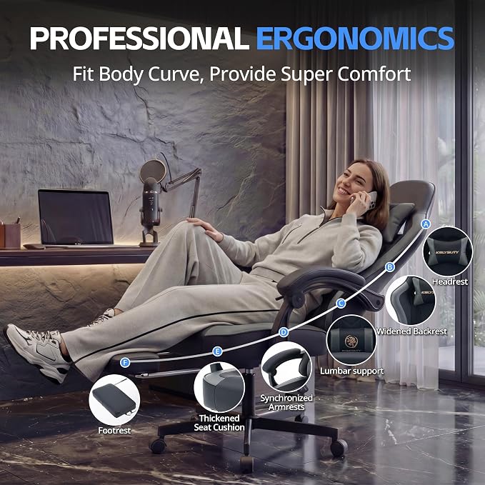 Desk Computer Gaming Chair - High Back Ergonomic Office Chair with Footrest and Lumbar Support, Swivel Comfy Home Gamer Video Game Chairs with Pocket Spring Cushion for Adults (Grey Leather)