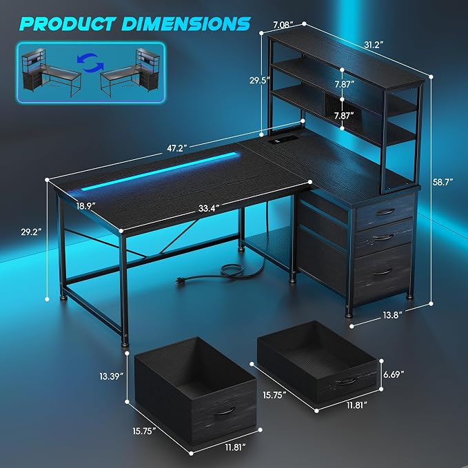DurayLoly L Shaped Desk with Aluminum Housing LED for Gaming Room,Dorm | Integrated Remote Light, Heat Dissipation,Steady Bright,Sturdy;41 Modes & 5 Colors, Vibrant Teen Gaming Ambiance