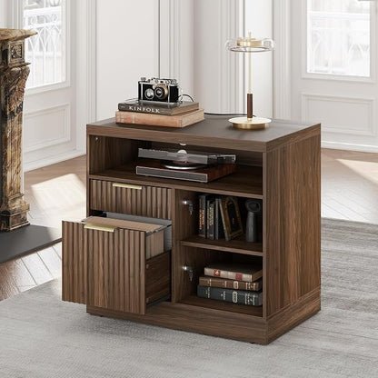 2 Drawer Fluted File Cabinet, 32'' Lateral File Cabinet with Lock and AC/USB for Letter/A4 Size, Wood Filing Cabinet with Storage Shelves for Home Office, Black Walnut