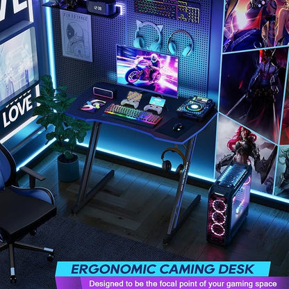 BestOffice Gaming Desk 35 in PC Computer Desk Z Shaped Gaming Workstation Ergonomic Gaming Table with Headphone Hook for Home Office,Black&Blue