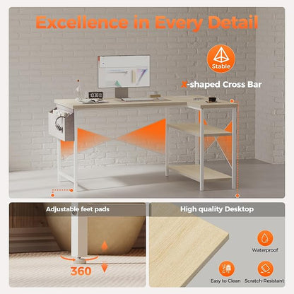 Mericonia Small L Shaped Computer Desk with Power Outlets, Reversible Gaming Desk with Storage Shelves, Corner Gamer Desk Table, Study Writing Table