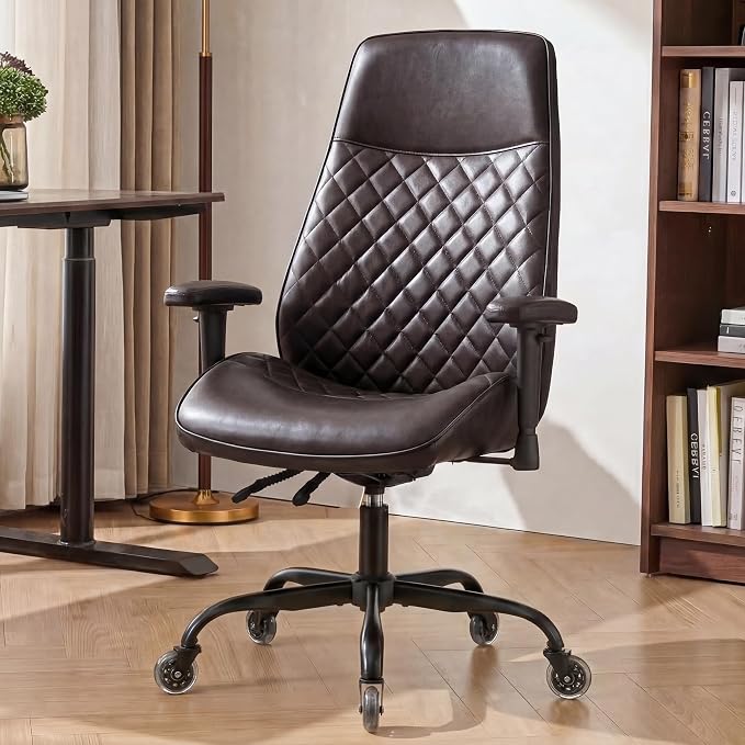 NEO CHAIR Ergonomic Leather Office Desk Chair with Adjustable Height Armrests High Back Lumbar Support Swivel Executive Computer Chair with Wheels Comfy Home Office Chair for Adults (Dark Brown)