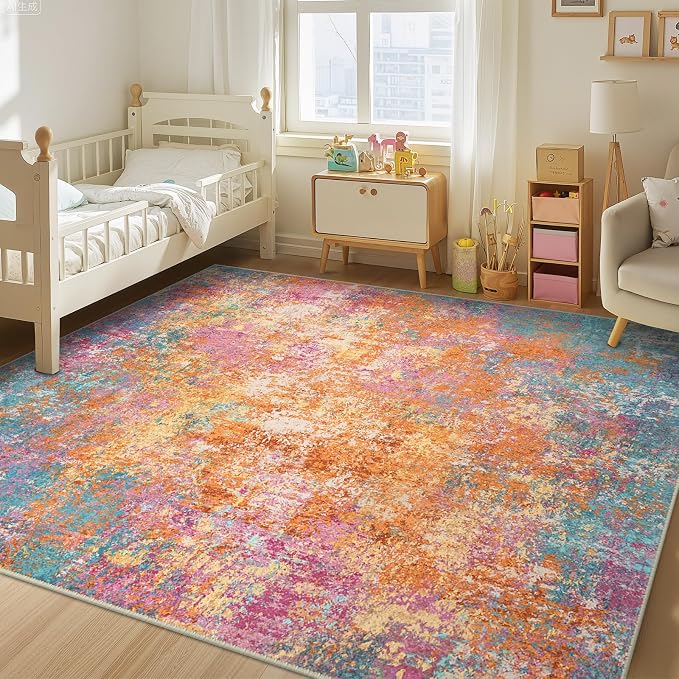 RELEANY Washable Area Rugs 5'x7' Non-Slip Modern Abstract Soft for Living Room Entryway Bedroom Kitchen, Print Pattern, Orange Blue Pink Yellow Colorful