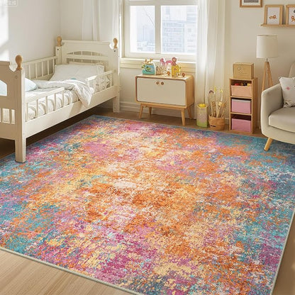RELEANY Washable Area Rugs 5'x7' Non-Slip Modern Abstract Soft for Living Room Entryway Bedroom Kitchen, Print Pattern, Orange Blue Pink Yellow Colorful