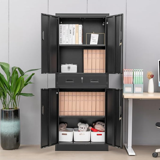 CMY Metal Storage Cabinet, 71" H x 28" W x 16" D Locking Storage Cabinet with Adjustable Shelves and One Drawer, Steel Cabinets for Office, Garage, Home, School, Utility Room(Black)