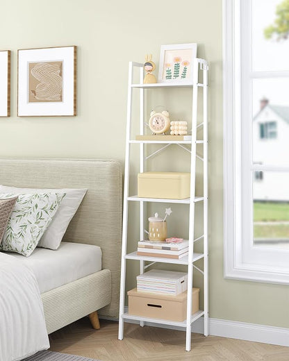 Hzuaneri Ladder Shelf, Bookshelf Bookcase, Freestanding Corner Storage Shelve with 2 Hooks for Home Office, Living Room, Kitchen, Bedroom, Industrial, 11.8" D x 17.3" W x 63" H, White BC19213W