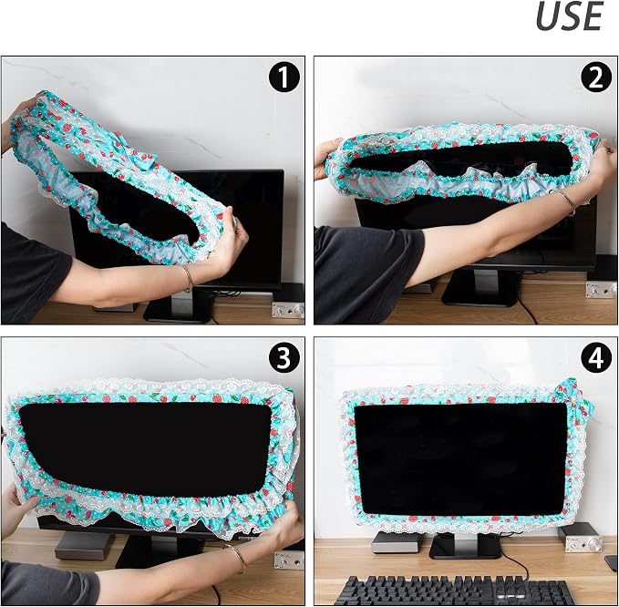 24-inch Cute Lace Fabric Monitor Cover with Elastic Pen Pocket & Bow-knot Design, Dust Protector for Computer/TV/LCD Screens - Blue