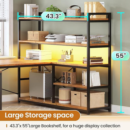 SEDETA L Shaped Desk with Storage Shelves, 63” Reversible U Shaped Office Desk, Gaming Desk with Power Outlet and LED Lights for Home Office, Rustic Brown