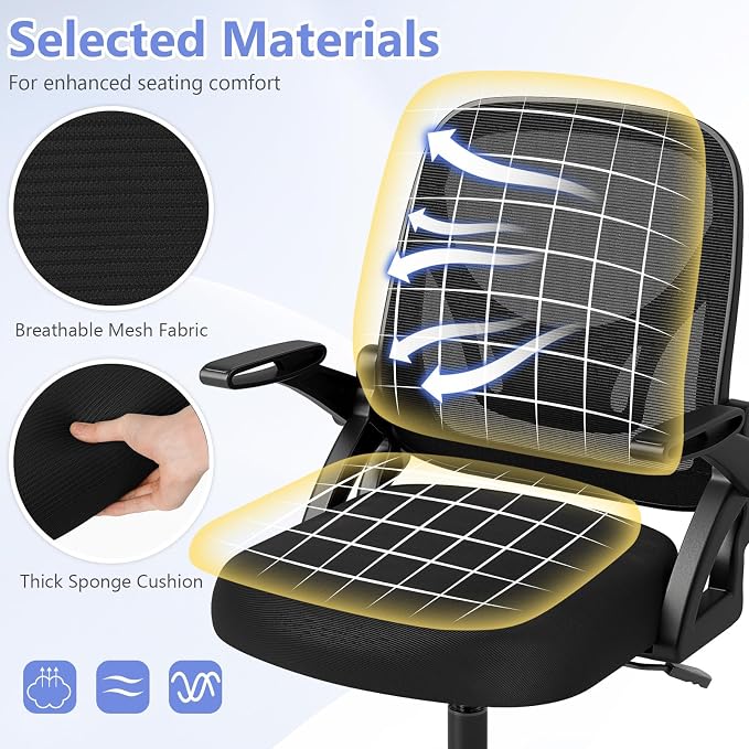 Giantex Mesh Office Chair, Ergonomic Desk Chair with Flip-up Arms & Lumbar Support, Height Adjustable Swivel Computer Desk with High Back for Home Office (Black)