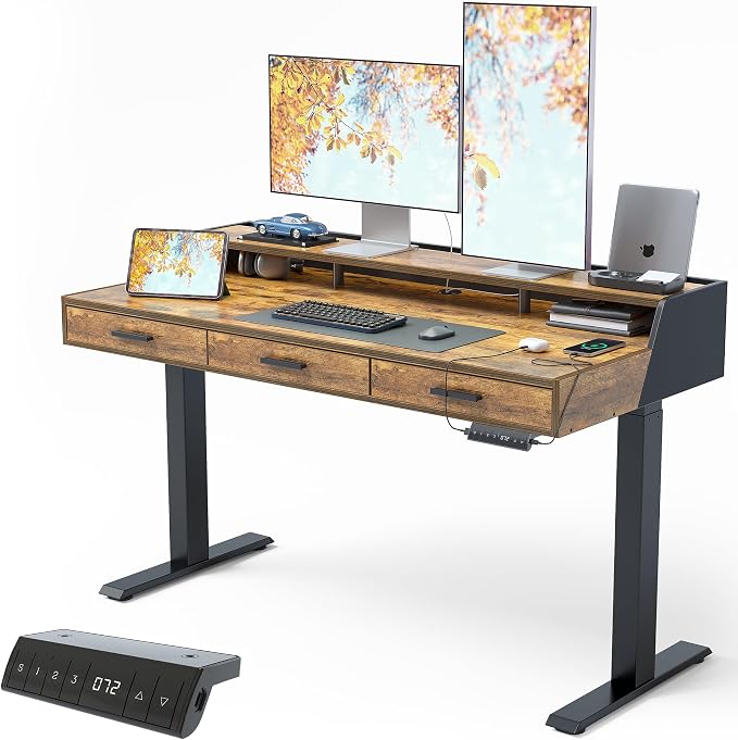 CubiCubi Standing Desk 55x26 Inches with 3 Wood Drawers and Monitor Shelf, Ergonomic Rising Home Office Desks, Height Adjustable Computer Desk, Sit Stand Up Electric Workstation Table, Antique Brown